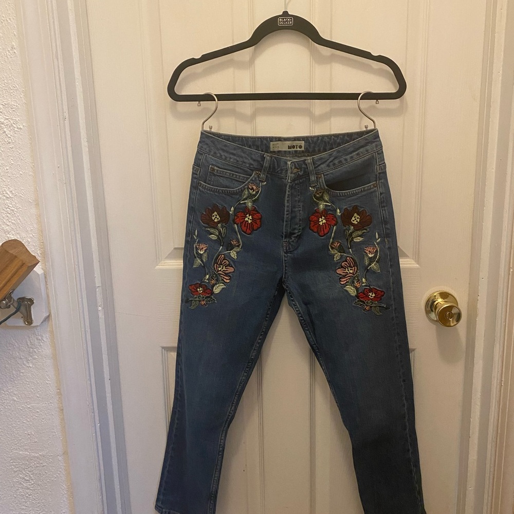 Topshop Blue Floral Embroidered Jeans